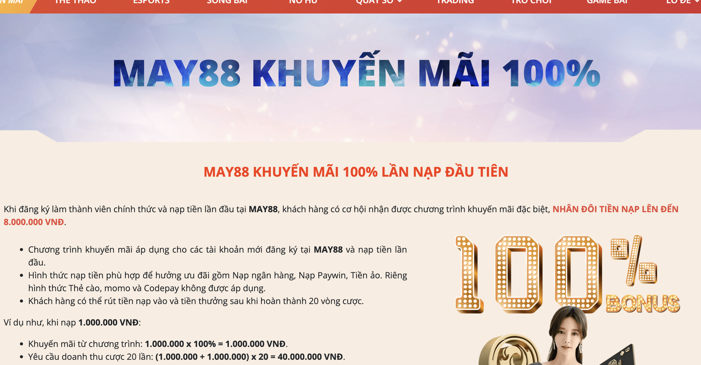 Các điều kiện mà người chơi nhận được khuyến mãi May88
