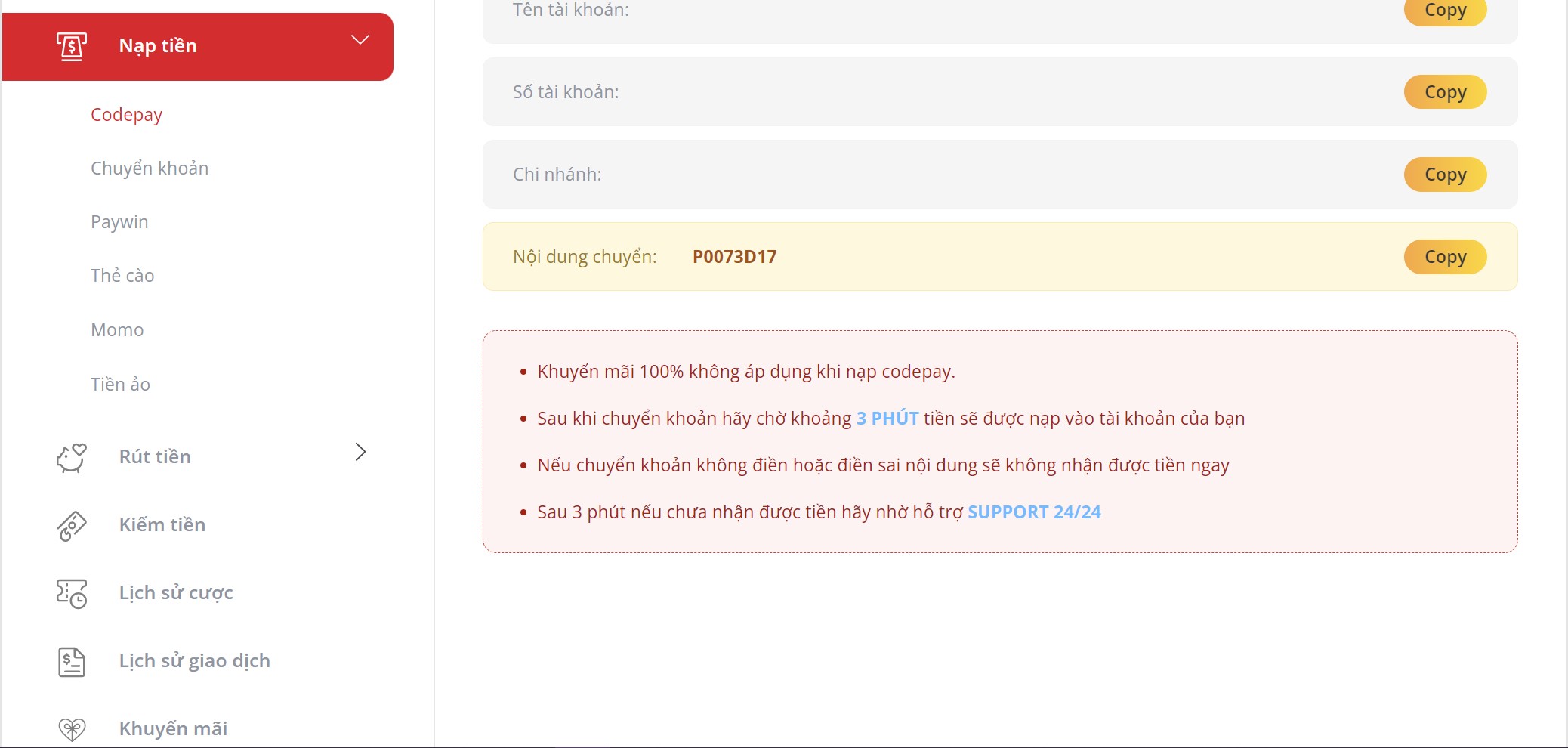 Giao diện nạp tiền tại May88