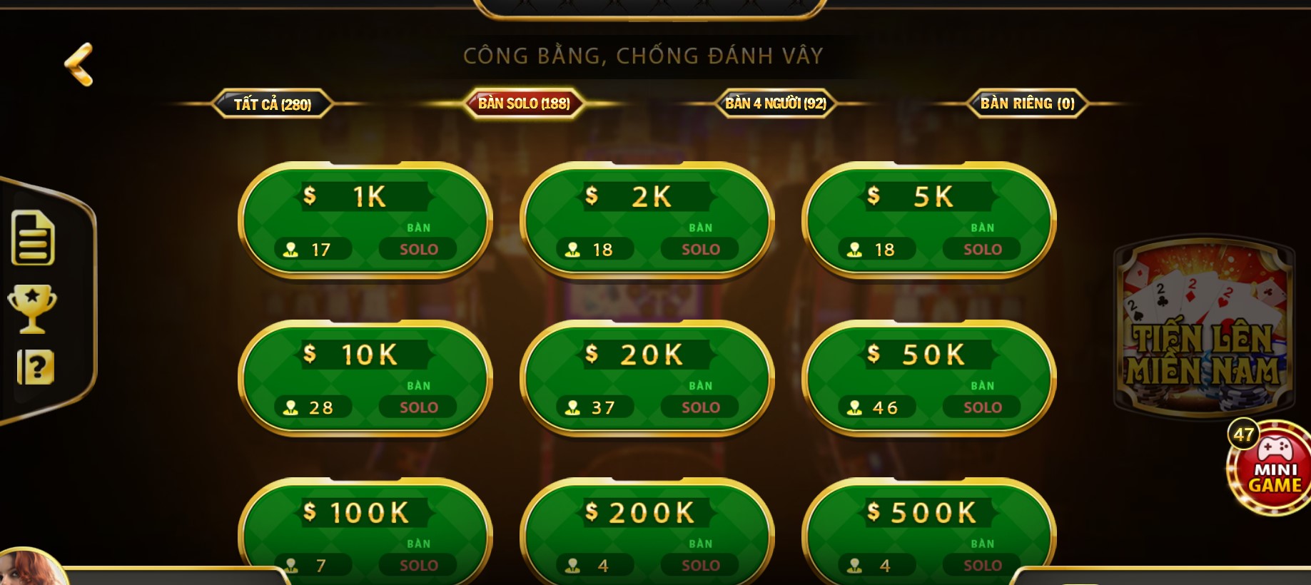 Các bàn chơi trên Tiến lên Miền Nam tại May88 vip
