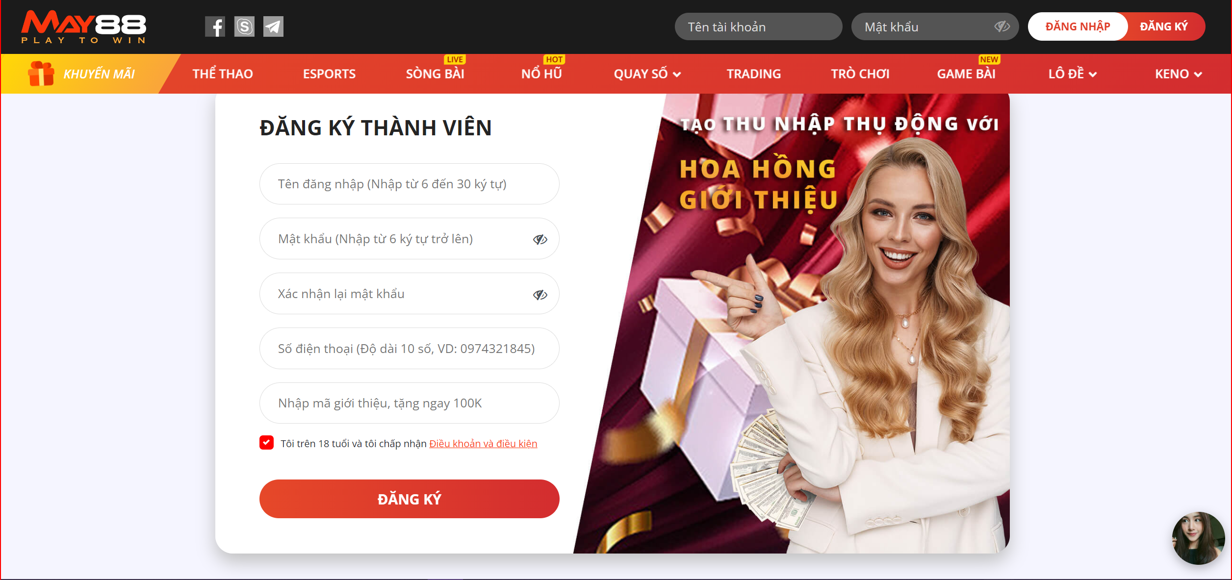 Đăng ký thành viên tại May88