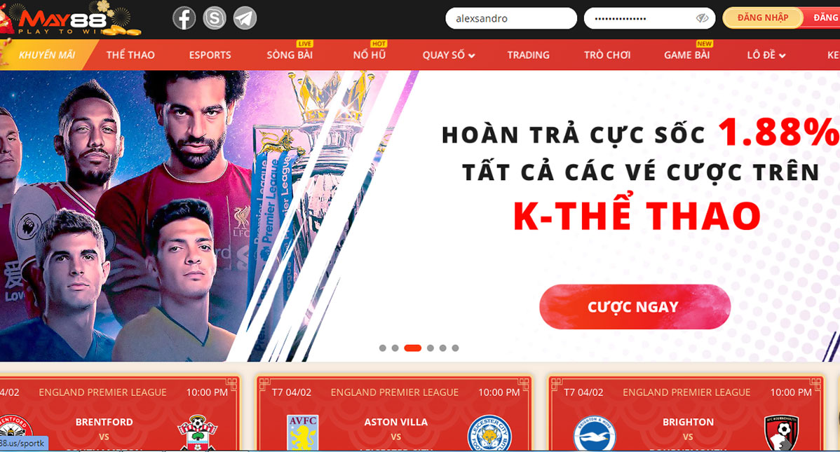 Hoàn trả cược sốc lên tới 1.88% tại May88